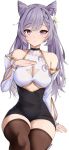  1girl absurdres alternate_costume bare_shoulders breasts casual cleavage cleavage_cutout clothing_cutout double_bun earrings flower genshin_impact hair_bun hair_flower hair_ornament hand_on_own_chest highres jewelry keqing large_breasts long_sleeves looking_at_viewer purple_eyes purple_hair simple_background solo steeb thick_thighs thighhighs thighs twintails underboob white_background wide_hips zettai_ryouiki 