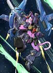  2019 absurd_res action_pose anaugi anthro armor boots clenched_teeth clothed clothing crop_top domestic_cat felid feline felis female footwear fur gloves gundam hair handwear hi_res holding_object holding_weapon mammal midriff mobile_suit_zeta_gundam navel penny_(anaugi) pink_body pink_fur pose purple_hair ranged_weapon red_eyes shirt short_hair solo space spacescape teeth topwear weapon 