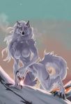  4_toes 5_fingers anthro black_nose breasts canid canine canis day detailed_background drmax featureless_breasts featureless_crotch female fingers hi_res looking_at_viewer mammal nude outside sky smile solo teeth toes wolf 