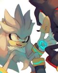  commentary english_commentary eye_contact frown highres looking_at_another no_humans purple_eyes salanchu serious shadow_the_hedgehog silver_the_hedgehog simple_background smile sonic_the_hedgehog white_background yellow_eyes 