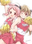  2girls :d anima_yell! arm_up armpits back-to-back bare_legs bare_shoulders black_bow bow cheering cheerleader close-up collarbone commentary_request dated eyebrows_visible_through_hair floating_hair grin hair_bow hatoya_kohane holding holding_pom_poms light_brown_hair locked_arms long_hair looking_at_viewer manga_time_kirara minagi_koharu multicolored_shirt multiple_girls one_eye_closed open_mouth pink_eyes pink_hair pleated_skirt pom_poms ponytail red_eyes red_shirt red_skirt shirt sidelocks simple_background skirt sleeveless sleeveless_shirt slow_loop smile striped striped_bow two_side_up uchino_maiko white_background white_shirt 