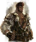  1boy abs armor bara bare_pecs belt brown_belt brown_gloves brown_hair brown_vest character_request chest_hair copyright_request dark_skin dark_skinned_male dirty dirty_clothes fingerless_gloves gloves hand_on_hip looking_to_the_side male_focus muscular muscular_male navel nikism partially_unbuttoned pectorals shirt short_hair shoulder_armor solo spaulders stomach upper_body vest white_shirt yellow_eyes yellow_neckwear 