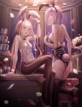  2girls abigail_williams_(fate/grand_order) animal_ears bangs blonde_hair blue_eyes blush breasts bunny_ears bunny_tail commentary_request detached_collar fake_animal_ears fate/grand_order fate_(series) forehead hair_over_one_eye highres kinom_(sculpturesky) leotard light_purple_hair long_hair looking_at_viewer mash_kyrielight multiple_bows multiple_girls parted_bangs playboy_bunny purple_eyes short_hair sidelocks small_breasts tail wrist_cuffs 