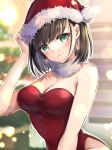  1girl absurdres arm_up bangs bare_shoulders blurry blurry_background blush bobblehat breasts brown_hair christmas_tree cleavage collarbone depth_of_field earrings eyebrows_visible_through_hair fur-trimmed_headwear fur_collar hand_on_headwear hane_yuki hat highres jewelry leotard looking_at_viewer medium_breasts original parted_lips red_eyes red_headwear santa_hat short_hair solo strapless strapless_leotard upper_body 