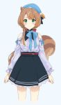  1girl alternate_costume animal_ears ayunda_risu bangs black_skirt blue_background blue_shirt blush breasts brown_hair english_commentary eyebrows_behind_hair green_eyes highres hololive hololive_indonesia medium_breasts ns-blazeve shirt shoulders skirt smile solo squirrel_ears squirrel_girl squirrel_tail tail virtual_youtuber 