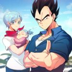  1boy 2girls =3 baby baby_carry black_eyes black_hair blue_hair blue_shirt blue_sky blurry blurry_background bra_(dragon_ball) bulma carrying closed_eyes closed_mouth cloud cloudy_sky collarbone collared_shirt couple crossed_arms day denim dragon_ball dragon_ball_super earrings eyelashes facing_viewer family father_and_daughter frown hair_bobbles hair_ornament happy jeans jewelry looking_at_viewer looking_to_the_side mother_and_daughter multiple_girls muscular neckerchief ommmyoh outdoors palm_tree pants pectorals red_neckwear salute serious shirt short_hair short_sleeves sky sleeping smile spiked_hair tree twintails twitter_username upper_body vegeta very_short_hair white_shirt 