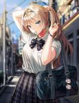  1girl alternate_costume an-94_(girls_frontline) arms_behind_head bag bangs black_neckwear blonde_hair blue_eyes blue_sky blurry blurry_background bow bowtie bracelet building girls_frontline hair_tie_in_mouth hairband handbag jewelry light_particles long_hair looking_at_viewer mouth_hold outdoors plaid plaid_skirt pleated_skirt school_uniform shirt short_sleeves silence_girl skirt sky solo standing tying_hair utility_pole white_shirt 