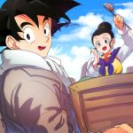  1boy 1girl :d beige_jacket black_eyes black_hair blue_sky blurry blurry_background box breasts chi-chi_(dragon_ball) chinese_clothes close-up cloud cloudy_sky couple day dragon_ball dragon_ball_super earrings eyelashes grey_neckwear hair_bun hand_up high_collar holding holding_box holding_ladle husband_and_wife jacket jewelry ladle light_smile long_sleeves looking_at_viewer looking_to_the_side medium_breasts neckerchief ommmyoh open_mouth outdoors purple_neckwear shaded_face sky smile son_goku spiked_hair tareme teeth twitter_username upper_body upper_teeth 