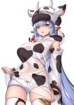  1girl animal_costume animal_ears animal_print armpit_crease bikini black_bikini blue_hair bra breasts cleavage collarbone cow_costume cow_ears cow_girl cow_horns cow_print cowboy_shot detached_collar detached_sleeves earrings gold_trim granblue_fantasy highleg highleg_bikini highres hood hood_down horns jewelry large_breasts long_hair long_sleeves looking_at_viewer micro_shorts open_fly purple_eyes revealing_clothes see-through shatola_(granblue_fantasy) shorts sidelocks simple_background solo string_bikini swimsuit thick_eyebrows thighhighs thighs underwear very_long_hair white_background white_bra white_legwear white_shorts ym_(distance819) 