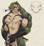  anthro better_version_at_source blood_on_clothing clothing cxcxxcxxxx lizardman male model_sheet multicolored_body muscular muscular_anthro muscular_male pipe reptile scalie simple_background solo 
