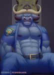  abs anthro barazoku belt biceps blue_body bottomwear bovid bovine cattle chief_bogo clothed clothing disney hi_res horn male mammal muscular muscular_anthro muscular_male nipples open_clothing open_shirt open_topwear pants pecs police_uniform primodrago shirt smile solo topwear uniform zootopia 