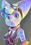  2020 anthro breasts clothing eyewear female goggles goggles_on_head hair lombax mammal ratchet_and_clank rift_apart_lombax scarf simple_background solo sony_corporation sony_interactive_entertainment uyu video_games 
