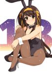  1girl absurdres bangs bare_shoulders breasts brown_eyes brown_hair eyebrows_visible_through_hair hair_ornament haruhisky highres leotard looking_at_viewer medium_breasts pantyhose playboy_bunny shiny shiny_clothes shiny_skin solo strapless suzumiya_haruhi suzumiya_haruhi_no_yuuutsu wrist_cuffs 