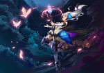  absurdres armor boots bug butterfly closed_eyes gwendolyn_(odin_sphere) highres holding holding_spear holding_weapon insect moon night night_sky odin_sphere polearm sky spear splish thigh_boots thighhighs tree weapon white_hair 