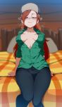  1girl bed blush breasts breasts_apart closed_mouth denim earrings freckles fur_hat gravity_falls green_eyes green_shirt hat highres jcm2 jeans jewelry long_hair looking_at_viewer medium_breasts on_bed open_clothes open_shirt pants red_hair shirt short_sleeves sitting sitting_on_bed smile solo sweat ushanka wendy_corduroy 