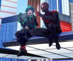  2boys :d black_bodysuit blue_sky bodysuit boku_no_hero_academia building city commentary_request gauntlets gloves green_eyes green_hair highres maemaesp male_focus mask midoriya_izuku miles_morales multiple_boys open_mouth outdoors pointing sitting sky smile spider-man_(series) urban 