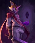  anthro bulge canid canine cape clothed clothing corruption digital_media_(artwork) erection erection_under_clothing evil_grin eye_patch eyewear fox fully_clothed fur glowing glowing_eyes grin holding_object hypnosis licking looking_at_viewer male mammal melee_weapon mind_control nurinaki open_mouth open_smile purple_eyes reynardo scar shaded sharp_teeth smile solo standing stories:_the_path_of_destinies sword teeth tenting tongue tongue_out video_games weapon 