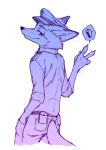  anthro bottomwear canid canine clothed clothing disney dogear218 fox fully_clothed fur gesture hat headgear headwear looking_at_viewer looking_back looking_back_at_viewer male mammal nick_wilde pants police_uniform red_fox shirt simple_background smile solo topwear uniform v_sign white_background zootopia 