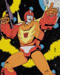  1980s_(style) 1boy autobot blue_eyes casey_w._coller english_commentary gun highres holding holding_gun holding_weapon male_focus mecha no_humans open_mouth planet pointing retro_artstyle rodimus_prime science_fiction solo space transformers weapon 