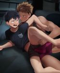  2boys absurdres bangs batsusuke bed behind_another black_hair blush boxer_briefs brown_eyes brown_hair bulge dark erection erection_under_clothes eye_contact frottage hand_on_another&#039;s_thigh highres indoors leg_lift looking_at_another lying male_focus male_underwear multiple_boys night no_pants on_side open_mouth original parted_lips pillow precum sanpaku shirt short_hair short_sleeves spiked_hair spread_legs sweat tank_top underwear yaoi 