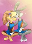  anthro bottomwear bugs_bunny clothing couple_(disambiguation) duo female food hi_res jelly_(food) lagomorph leporid lola_(disambiguation) looney looney_tunes male mammal rabbit shorts space sportswear tunes unknown_artist warner_brothers 