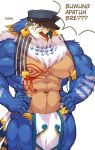  abs anthro avian biceps bird blue_body blue_feathers bottomwear clothing falcon falconid feathers hat headgear headwear hi_res horus_(tas) jewelry loincloth male monochrome_kg muscular muscular_anthro muscular_male navel neck_tuft nipples pecs simple_background solo text tokyo_afterschool_summoners translation_request tuft video_games white_background 