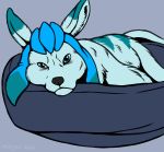  2020 ambiguous_gender blue_body blue_eyes blue_fur digital_media_(artwork) eeveelution eyebags feral fur glaceon grey_background grumpy looking_at_viewer lying marjani nintendo on_side pet_bed pok&eacute;mon pok&eacute;mon_(species) simple_background solo tired tired_eyes video_games 