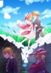  1boy 1girl aryuma772 black_shirt blonde_hair blue_flower blue_rose blue_sky blush commentary countdown crying crying_with_eyes_open day dress field flower glowing grass hat highres holding holding_paper imagining kagamine_len kagamine_rin open_mouth paper pink_dress rose shirt short_hair short_ponytail shuujin/kami_hikouki_(vocaloid) sky smile spiked_hair tears vocaloid 