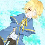  1boy bandage_over_one_eye beamed_eighth_notes black_pants blonde_hair blue_capelet blue_jacket capelet dutch_angle half-closed_eyes jacket light_smile male_focus musical_note neck_ribbon oliver_(vocaloid) pants ribbon shirt staff_(music) taiya vocaloid white_shirt yellow_eyes yellow_neckwear 