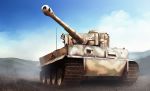  artist_request caterpillar_tracks cloud commentary_request day grass ground_vehicle highres hill iron_cross military military_vehicle motor_vehicle no_humans original scenery sky tank tiger_i weapon world_war_ii 