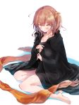  1girl absurdres akizuki_maku bangs barefoot black_jacket blush command_spell commentary fate/grand_order fate_(series) fujimaru_ritsuka_(female) hair_ornament hair_scrunchie highres jacket legs naked_jacket orange_eyes orange_hair orange_scarf orange_scrunchie parted_lips scarf scrunchie side_ponytail simple_background sitting solo sweatdrop white_background yokozuwari 