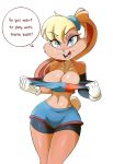  absurd_res anthro anus arm_warmers armwear big_breasts bike_shorts blonde_hair blue_eyes bottomwear bra breasts cleavage clothed clothing dialogue english_text female gloves hair handwear hi_res lagomorph leporid lola_bunny looking_at_viewer looney_tunes lucyfercomic mammal midriff navel orange_body rabbit shorts simple_background solo space_jam speech_bubble sports_bra striptease text torn_clothing underwear undressing warner_brothers white_background wide_hips 