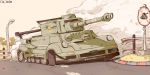  artist_request car caterpillar_tracks day girls_und_panzer grass ground_vehicle highres lamppost military military_vehicle motor_vehicle no_humans original porsche road sky smoke tank tiger_(p) tree wheel 