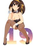  1girl absurdres bangs bare_shoulders breasts brown_eyes brown_hair eyebrows_visible_through_hair hair_ornament haruhisky highres leotard looking_at_viewer medium_breasts pantyhose playboy_bunny shiny shiny_clothes shiny_skin solo strapless suzumiya_haruhi suzumiya_haruhi_no_yuuutsu wrist_cuffs 