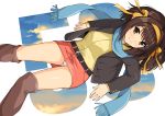  1girl belt boots breasts brown_eyes brown_footwear brown_hair buttons coat hairband haruhisky highres medium_breasts miniskirt open_clothes scarf short_hair simple_background skirt solo suzumiya_haruhi suzumiya_haruhi_no_yuuutsu thigh_boots thighhighs winter_clothes 