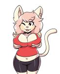  2020 anaugi anthro blep bottomwear breast_grab breasts capri clothing domestic_cat felid feline felis female fur hair hand_on_breast hi_res inner_ear_fluff long_hair looking_at_viewer mammal midriff one_eye_closed pink_hair red-eyes shirt shorts simple_background solo tan_body tan_fur tank_top tongue tongue_out topwear tuft white_background wink 