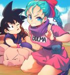  1girl 2boys animal annoyed bare_legs belt black_eyes black_footwear black_hair blue_eyes blue_hair blue_sky blurry blurry_background braid braided_ponytail breasts brown_belt brown_gloves bulma character_name cheek_pull clenched_teeth clothes_writing cloud cloudy_sky day dirt dougi dragon_ball dragon_ball_(classic) dress elbow_rest eyelashes facing_viewer fanny_pack floor frown gloves grin hair_ribbon hand_on_another&#039;s_cheek hand_on_another&#039;s_face hand_on_another&#039;s_head hand_up kneeling large_breasts looking_at_another looking_at_viewer mountain multiple_boys neckerchief ommmyoh one_eye_closed oolong outdoors parted_lips pig pink_dress purple_neckwear red_ribbon ribbon salute shiny shiny_hair short_dress short_sleeves single_glove sky smile son_goku spiked_hair sweatdrop tareme teeth twitter_username v-shaped_eyebrows watch wristband wristwatch 