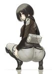  1girl ass black_eyes black_hair boots cropped_jacket emblem full_body highres jacket knee_boots looking_back mikasa_ackerman military military_uniform namaniku_atk open_clothes open_jacket open_mouth pantylines paradis_military_uniform shingeki_no_kyojin short_hair simple_background solo source_request squatting strap training_corps_(emblem) uniform white_background 
