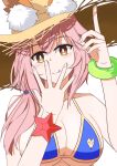  1girl animal_ear_fluff animal_ears artist_request bikini blue_bikini blush breasts cleavage collarbone ears_through_headwear eyebrows_visible_through_hair fate/grand_order fate_(series) fox_ears fox_girl hat index_finger_raised large_breasts looking_at_viewer pink_hair side-tie_bikini simple_background solo straw_hat swimsuit tamamo_(fate)_(all) tamamo_no_mae_(swimsuit_lancer)_(fate) tongue white_background yellow_eyes 