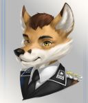  2019 anthro black_nose brown_hair canid canine clothing eyebrows fox fur gradient_background grey_background hair hi_res inner_ear_fluff looking_at_viewer male mammal military military_uniform necktie orange_body orange_fur pimpartist simple_background smile solo traditional_media_(artwork) tuft uniform yellow_eyes 
