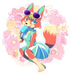  animal_crossing anthro audie_(animal_crossing) canid canine canis clothed clothing dipstick_tail dogear218 dress eyewear female food fully_clothed fur holding_food holding_object holding_popsicle leg_markings mammal markings multicolored_tail nintendo orange_body orange_fur popsicle socks_(marking) solo sunglasses tongue tongue_out video_games wolf 