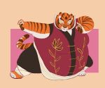  4_fingers 4_toes anthro barefoot border breasts clothed clothing dreamworks female fingers hi_res kung_fu_panda looking_down master_tigress morbidly_obese morbidly_obese_anthro morbidly_obese_female obese obese_anthro obese_female orange_border overweight overweight_anthro overweight_female red_eyes sambaba simple_background solo stripes toeless_(marking) toes weight_gain yellow_sclera 