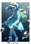  1girl bangs blue_eyes blue_footwear blue_hair blue_skirt boots breasts commentary_request full_body green_headwear hair_ornament hat highres kawashiro_nitori long_sleeves looking_at_viewer shirt short_hair skirt solo suna_(s73d) touhou underwater water 