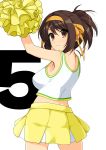  1girl absurdres bangs bare_shoulders brown_eyes brown_hair cheerleader dual_wielding eyebrows_visible_through_hair hair_ornament hairband haruhisky highres holding looking_at_viewer midriff pleated_skirt pom_poms short_hair simple_background skirt smile solo suzumiya_haruhi suzumiya_haruhi_no_yuuutsu yellow_hairband 