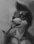  2020 anthro black_and_white canid canine canis digital_media_(artwork) dimonis domestic_dog eyes_closed finger_to_mouth fur greyscale greyscale_background male mammal mastiff molosser monochrome open_mouth portrait rottweiler roxadelic signature smile solo tongue watermark 