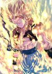  1boy blonde_hair blue_eyes blue_pants closed_mouth collarbone dragon_ball dragon_ball_z gogeta long_hair male_focus mattari_illust muscular pants solo spiked_hair super_saiyan super_saiyan_2 wristband 