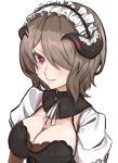  1girl bangs breasts brown_hair cleavage closed_mouth hair_over_one_eye highres honkai_(series) honkai_impact_3rd horns maid_headdress mamu_t7s medium_breasts red_eyes rita_rossweisse shiny shiny_hair short_hair simple_background sketch smile solo swept_bangs upper_body white_background 