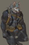  abs absurd_res anthro black_nose bodysuit canid canine canis clothing cxcxxcxxxx fur grey_body grey_fur hair hi_res male mammal military multicolored_hair muscular muscular_anthro muscular_male pecs simple_background skinsuit solo tight_clothing two_tone_hair walkie_talkie wolf yellow_eyes 