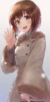  1girl absurdres blush bob_cut brown_eyes brown_hair coat commentary hagiwara_yukiho hand_up highres idolmaster idolmaster_million_live! idolmaster_million_live!_theater_days open_mouth smile snow solo syuichi wide_sleeves winter_clothes 