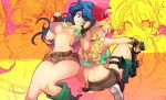  2girls :o arm_support bare_legs belt blonde_hair blue_eyes breasts brown_belt brown_gloves brown_shorts clenched_hands crop_top curly_hair dark_blue_hair dot_nose dragon_ball dragon_ball_(classic) dual_persona eyebrows_visible_through_hair eyelashes facing_viewer fingerless_gloves foot_out_of_frame gloves green_footwear grin gun hair_ribbon hand_to_own_mouth handgun hands_up hip_bones holding holding_gun holding_weapon holster knees_together_feet_apart large_breasts leg_up long_hair looking_back loose_socks lunch_(dragon_ball) micro_shorts midriff monochrome_background multicolored multicolored_background multiple_girls navel ommmyoh orange_background pink_background polka_dot polka_dot_background profile red_ribbon ribbon shiny shiny_hair shirt_lift shoe_soles shorts sideboob smile socks stomach sweatdrop tareme thigh_holster thighs twitter_username underboob weapon weapon_request yellow_background 